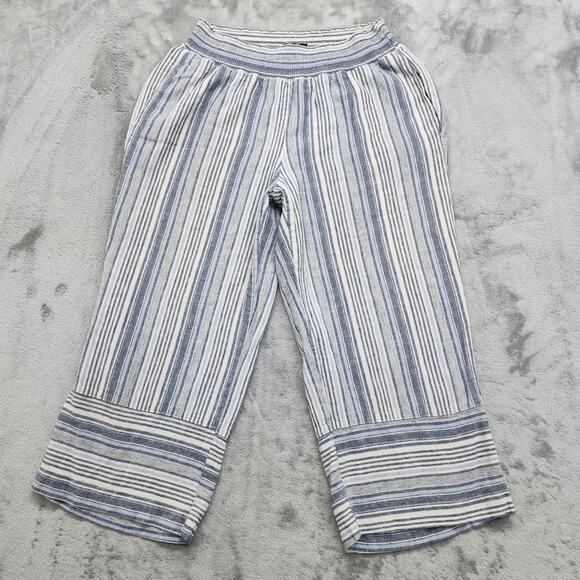 Counterparts Pant Womens PM Blue Striped Linen Blend Wide Leg Crop Capri Pull On - Picture 1 of 11